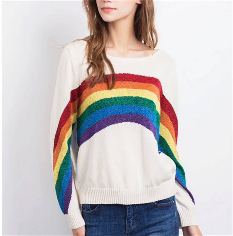 Luxury Designer Contrast Color Women O-neck Long Sleeve Knit Sweater Loose Casual Rainbow Striped PulloversTops Autumn Winter | Женская
