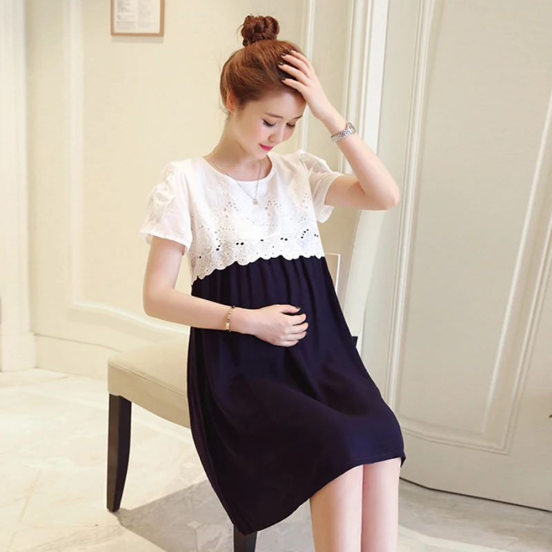 Pregnant Women Lace Splicing Patchwork Dress Summer Pregnancy Clothes for Pregnant Casual Loose Short Sleeve Maternity Dresses (7)