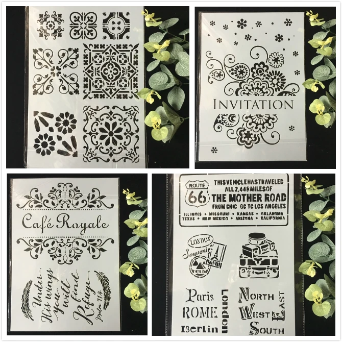 

4Pcs/Pack A4 Invitation 66 DIY Layering Stencils Wall Painting Scrapbook Coloring Embossing Album Decorative Template