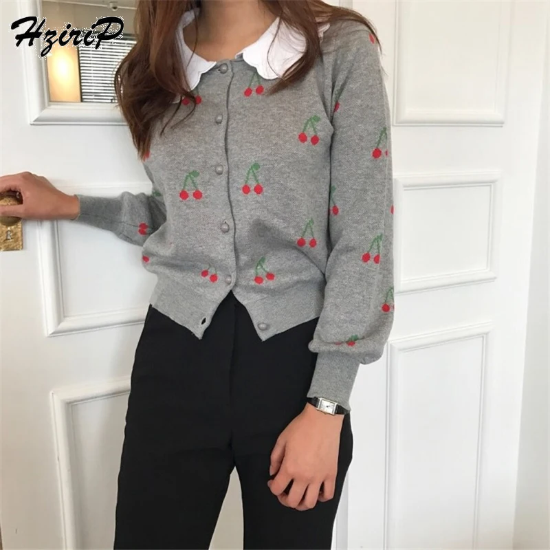 

HziriP Female Blouse Top 2018 Spring New Elegant Peter Pan Collar Long Sleeve Knitted Cherry Shirts Bottoming Shirt Women Blusas