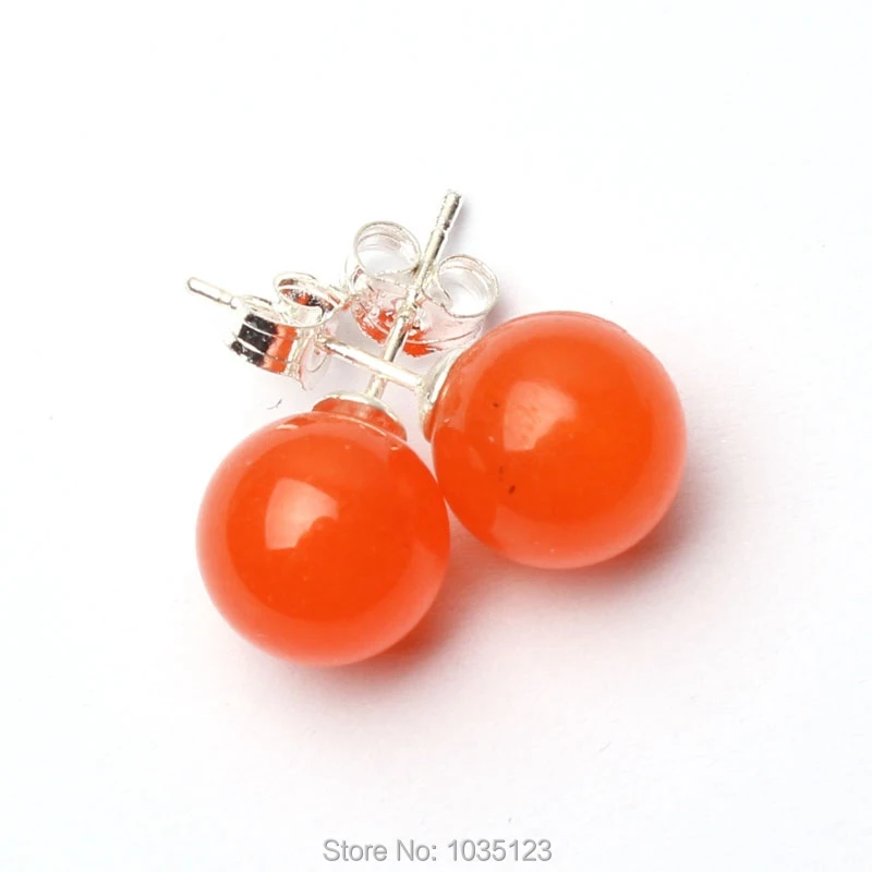 

Free Shipping 10mm Pretty Smooth Round Shape Natural Deep Orange Color Stone Vogue Sterling Silver Earrings 1 pair w2815