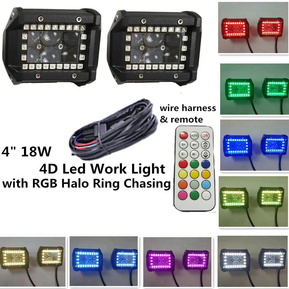 Honzdda 2 шт. 4 дюйма 18 Вт светодиодный туман лампа с RGB Halo Кольцо 12 Цветов многими