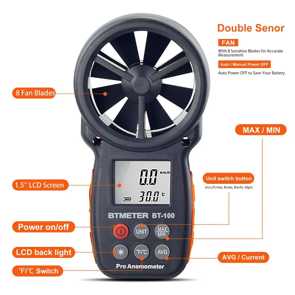 BT-100 del misuratore di velocità del vento tenuto in mano anemometro digitale per misurare la velocità del vento, la temperatura e il freddo del vento con LCD retroilluminato