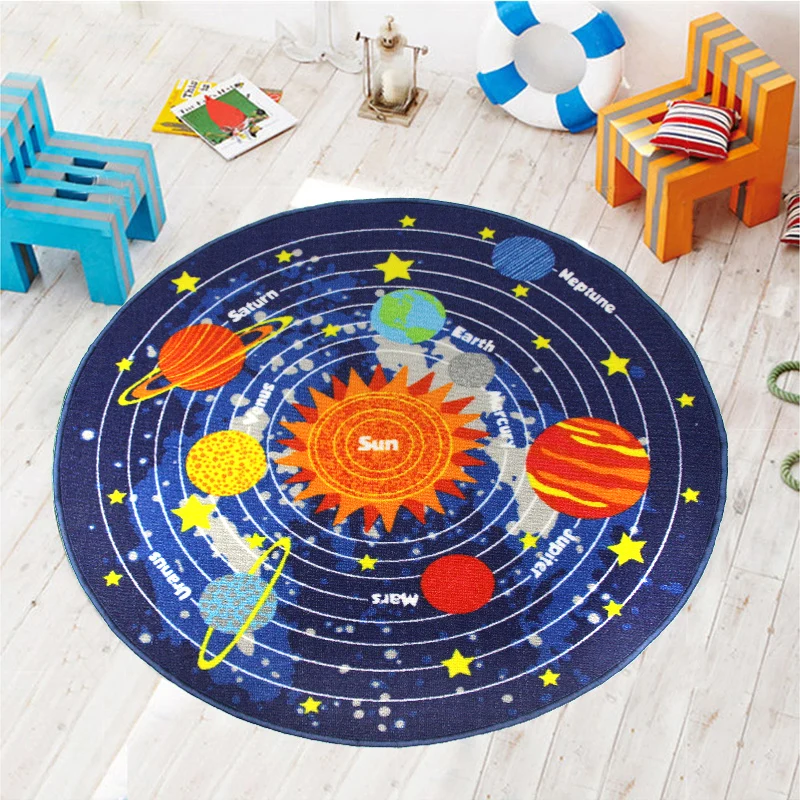 Round Carpet for Kids Room with Solar System Printed Carpets Rug for