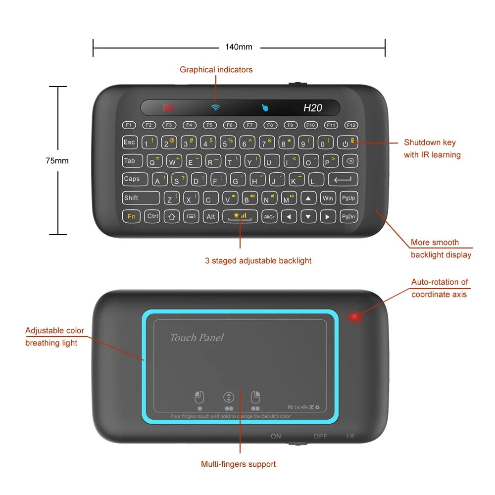 Мини-клавиатура Air mouse с тачпадом 2,4 ГГц Беспроводная перезаряжаемая клавиатура USB 2,0 приемник для компьютера Android tv Box HTPC