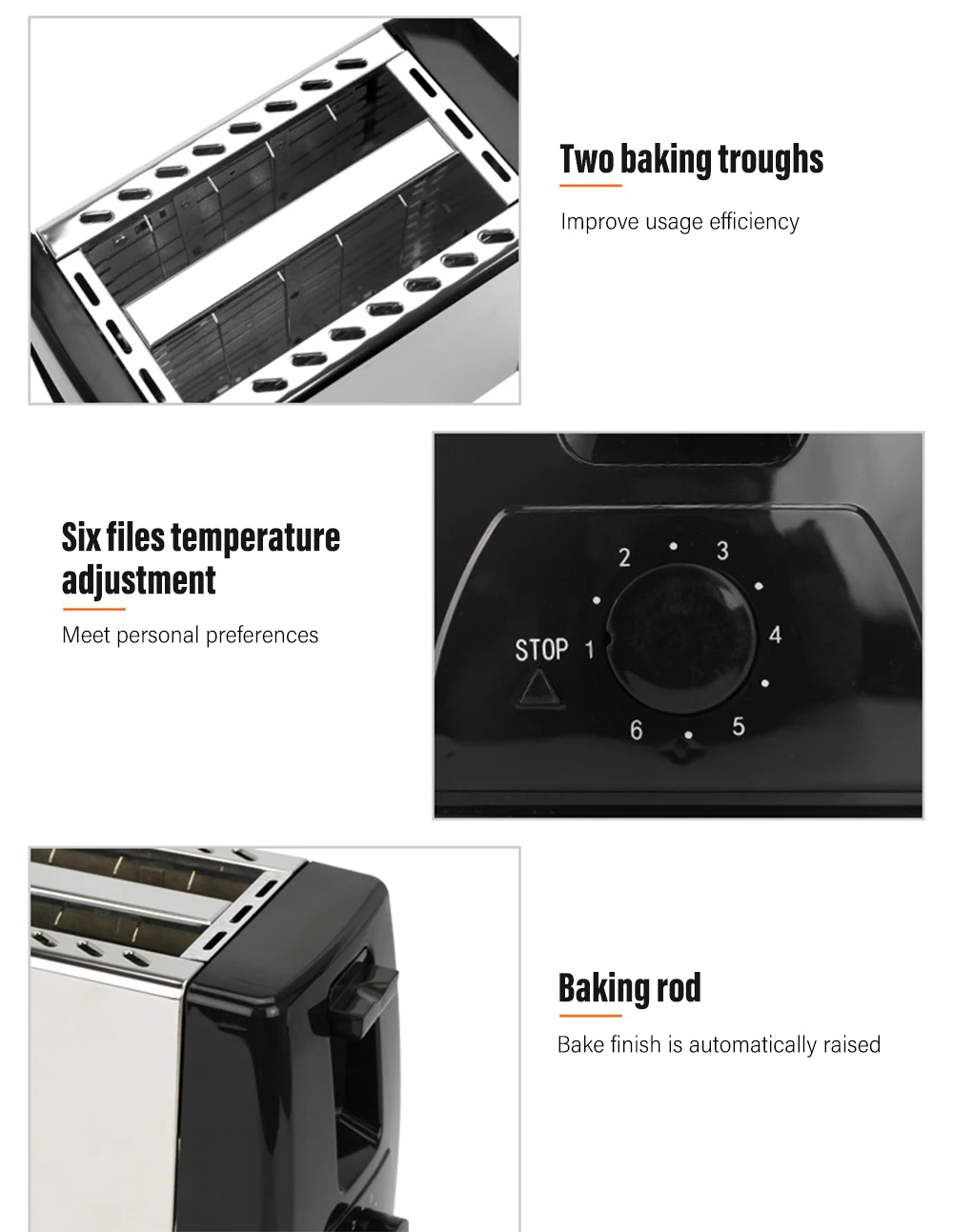2 ломтика полностью автоматический бытовой тостер из нержавеющей стали 600 Вт в одно касание с шестиступенчатой регулировкой температуры