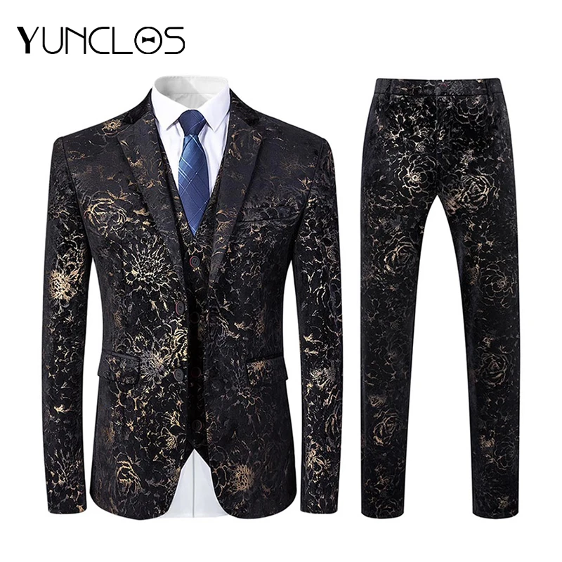 YUNCLOS 2019 новый свадебный костюм из 3 предметов мужской с золотым тиснением