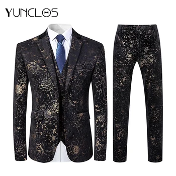 

YUNCLOS New Wedding Party 3 Pieces Men's Suit Gold Stamping Slim Fit Luxury 2 Buttons Wedding Suits Blazer & Pant
