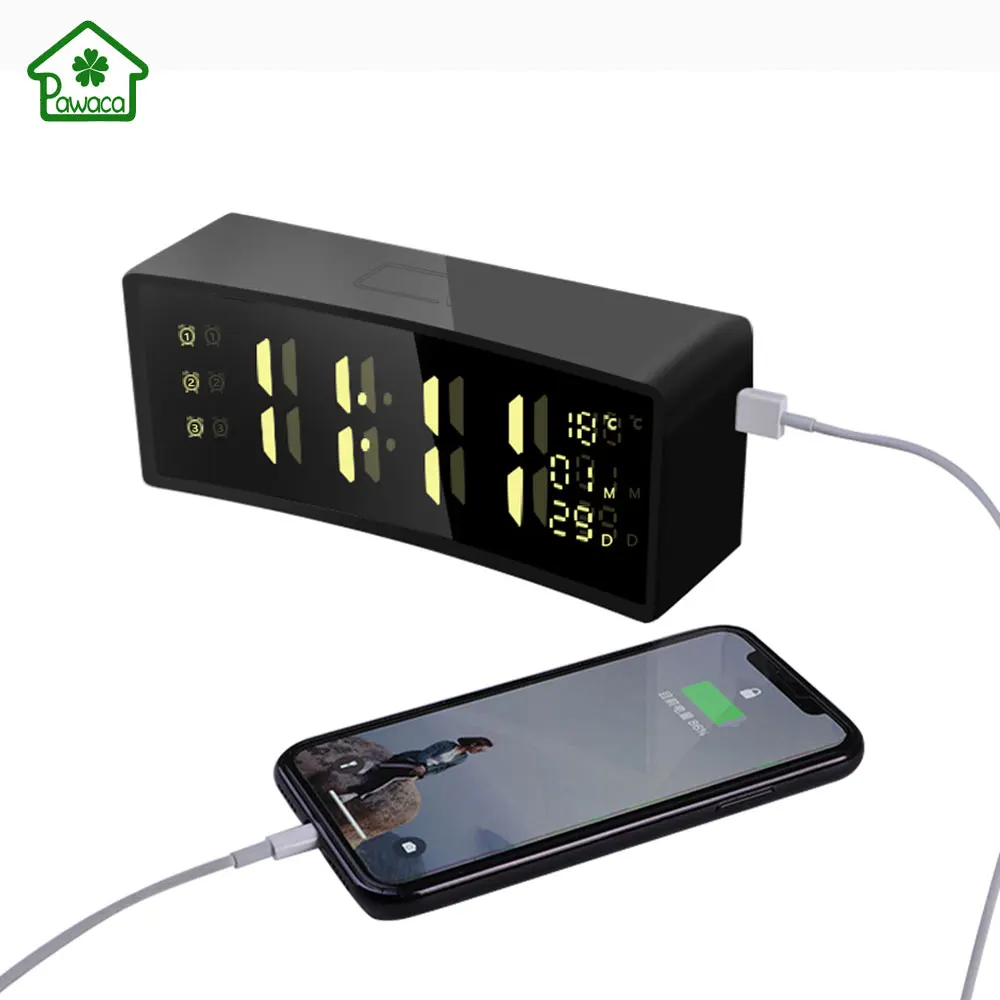 3D Curved Surface Screen Alarm Clock Floating Font Digital Electronic Clock Clock USB Output Power Function LED Bedside Alarm