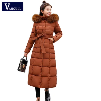 

VANGULL Winter Long Jacket Coat Women Elegant Fur Hooded Belt Coats 2018 New Outerwear Female Sashes Pocket Long Zipper Jackets