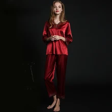 Пижамные комплекты одежда для женщин v-образным вырезом пижамы искусственный шелк атласная ночная рубашка Спагетти ремень Кружева сексуальное ночное белье домашняя одежда SY0042