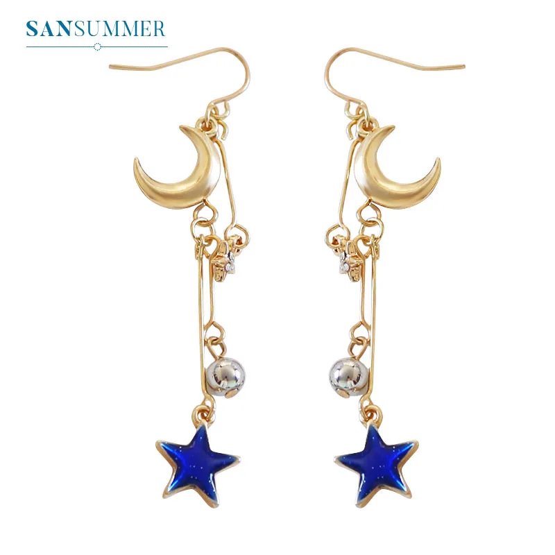 

Sansummer 2019 New Hot Fashion Long Blue Star Moon Boho Shiny Tassel Gold Girl Earrings Woman Elegant Jewelry 262