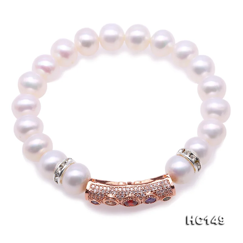 

Unique Pearls jewellery Store 9.5-10mm White Color Natural Freshwater Pearl Bracelet Mixes Rhinestone Elastic Bracelet