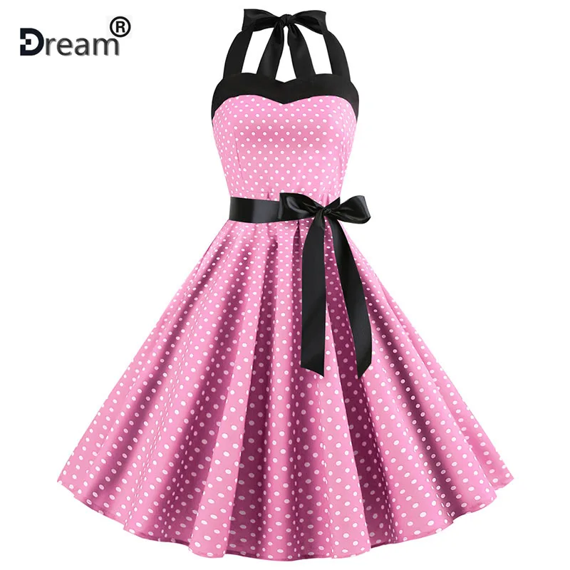 

Plus Size Polka Dot Dress Women Vintage Swing Halter Belt 50s 60s Rockabilly Prom Party Dresses Retro Feminino Vestidos
