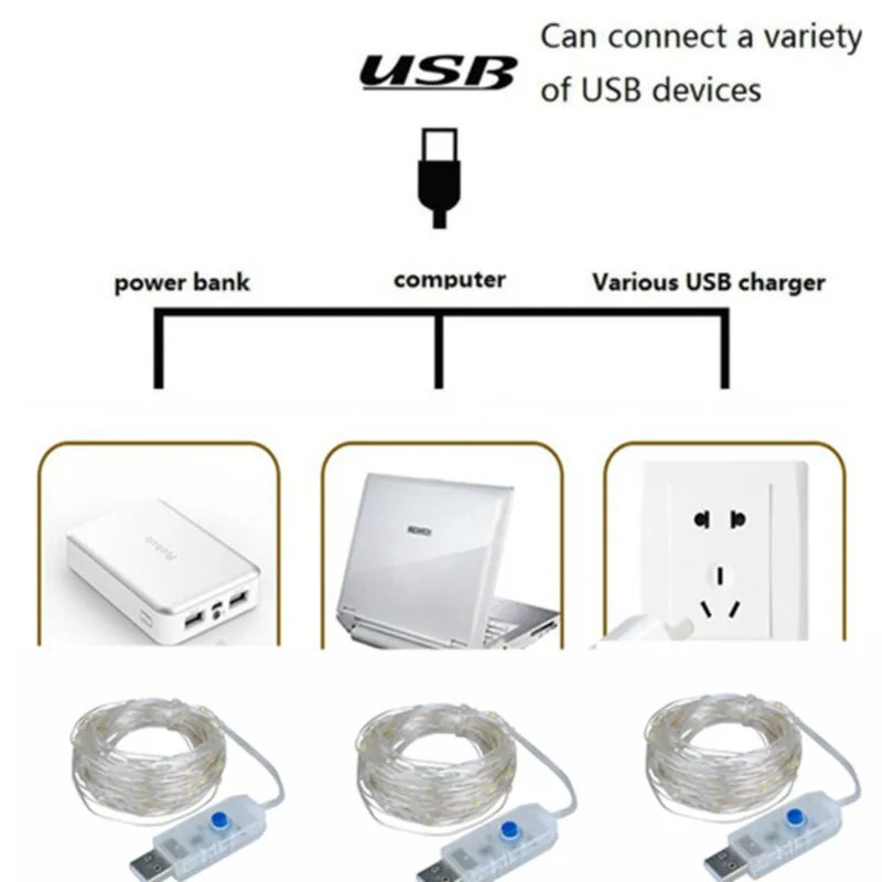 Пульт дистанционного управления с регулируемой яркостью USB светодиодные гирлянды 10 м 100 светодиодов 5 в 33 фута медная проволока