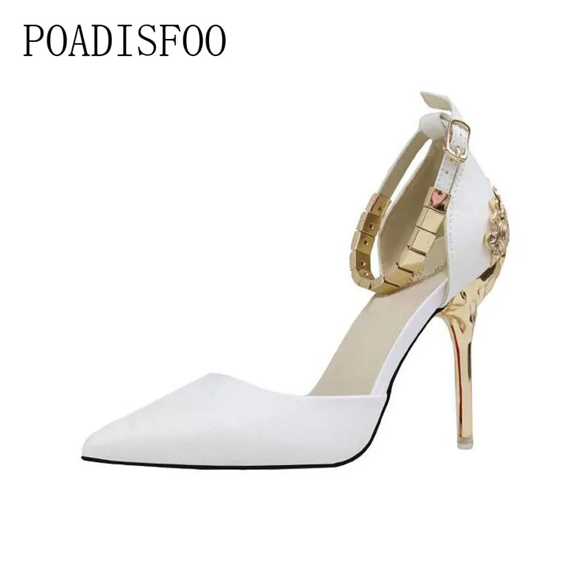 

POADISFOO fine with high-heel shallow mouth pointed hollow carved metal bag with chain word with a single shoes .ZWM-1723