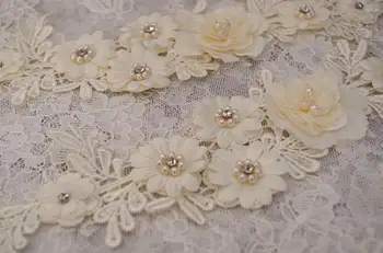 

10 pcs champagne beige bead lace applique with 3D flowers, handmade headpiece beads lace appliques