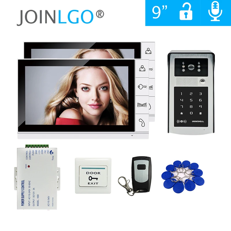 Free Shipping 9 inch LCD Screen Video Door Phone Video Intercom Kit + Outdoor RFID Code Keypad Number Doorbell Camera 2 Monitors