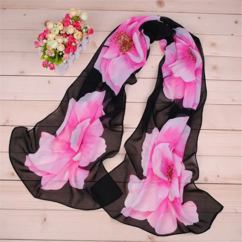 

New Fashion Big Gardenia Flowers Print Silk Scarf Women Long Chiffon Scarves Elegant Soft Dress Collocation 3028