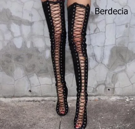 2017 New Hot Suede Lace Up Thigh High Boots Sexy Peep Toe Hollow Outs Cross-tied Solid Gladiator Boots Over The Knee Botas Mujer