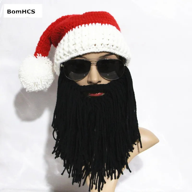 

BomHCS Funny Gift Santa Claus Hat with Big Beard 100% Handmade Knitted Christmas Beanie Party Cap Mask