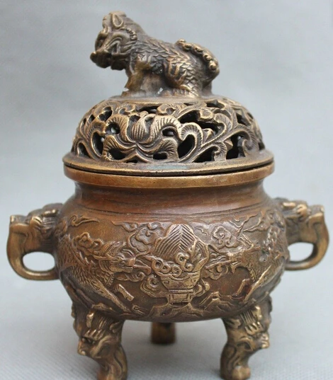 

191@g++Chinese Dynasty Palace Copper Lion Foo Fu Dog Statue Incense Burner Censer