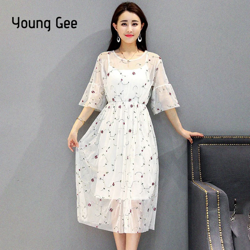 

Young Gee Fashion Women Elegant Sweet Dress Sexy Sheer Mesh Floral Embroidery Lace Summer Party Knee-Length Dresses vestidos