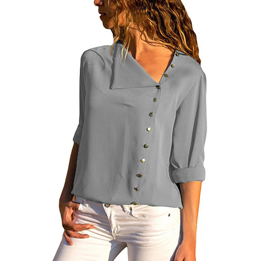 Women Skew Collar Chiffon Blouse 2018 Summer Autumn Long