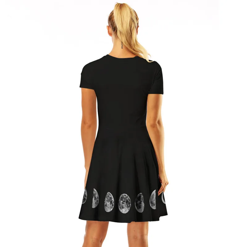 Черные платья женские модные готические 3D Moon Phase с коротким рукавом ТРАПЕЦИЕВИДНОЕ ПЛАТЬЕ Harajuku мини-платье