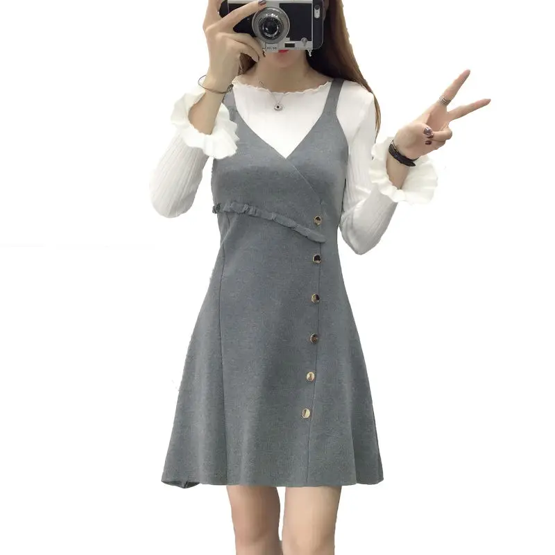 

Women's summer autumn knit dress Solid color Korean version Casual strap dress Off Shoulder Ladies knitting Cotton Dresses