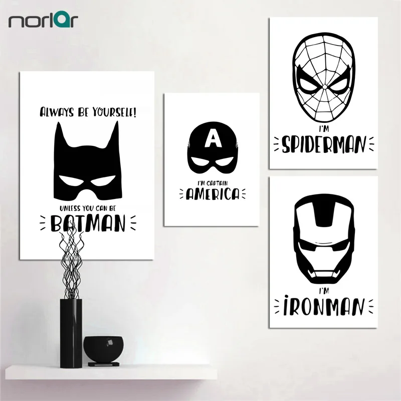 

Minimalist Art Canvas Cute Cartoon Superhero Poster Print Iron Man Batman Spider Man Black White Picture for Wall Decor
