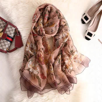

Women Fashion Silk Scarf Floral Print Beach Shawls Wraps Thin Pashmina Foulard Ladies Scarves Large Stole