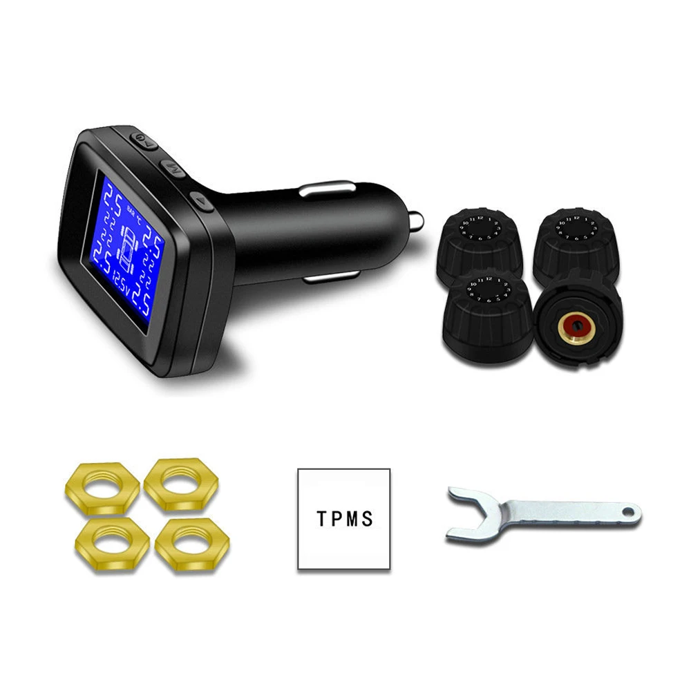 Car Tire Pressure Monitoring System Cigarette Lighter Plug TPMS LCD Display Waterproof 4 External Sensors USB Charging