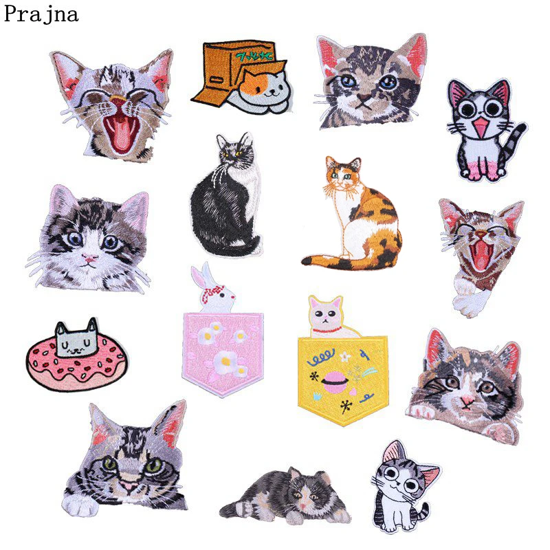 

Prajna Cartoon Cats Iron On Patches Pocket Cat Rabbit Embroidered Patch Smile Animal Stickers Baby Clothing DIY Stickers Logo