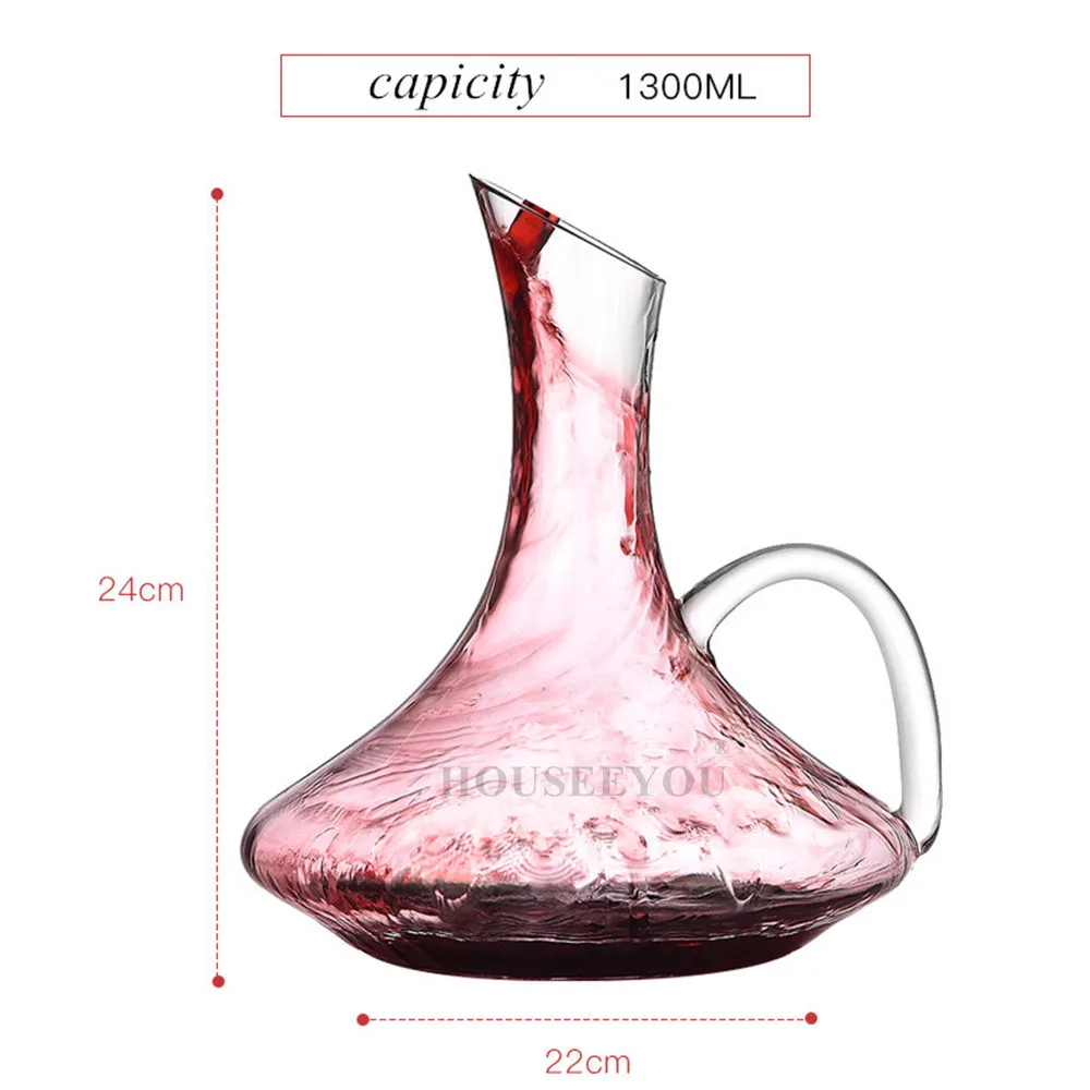 HOUSEEYOU 1300ML Flat Base with Handle Red Wine Decanter Handmade Transparent Crystal Glass Wine Bottle Whiskey Drink Bar Set