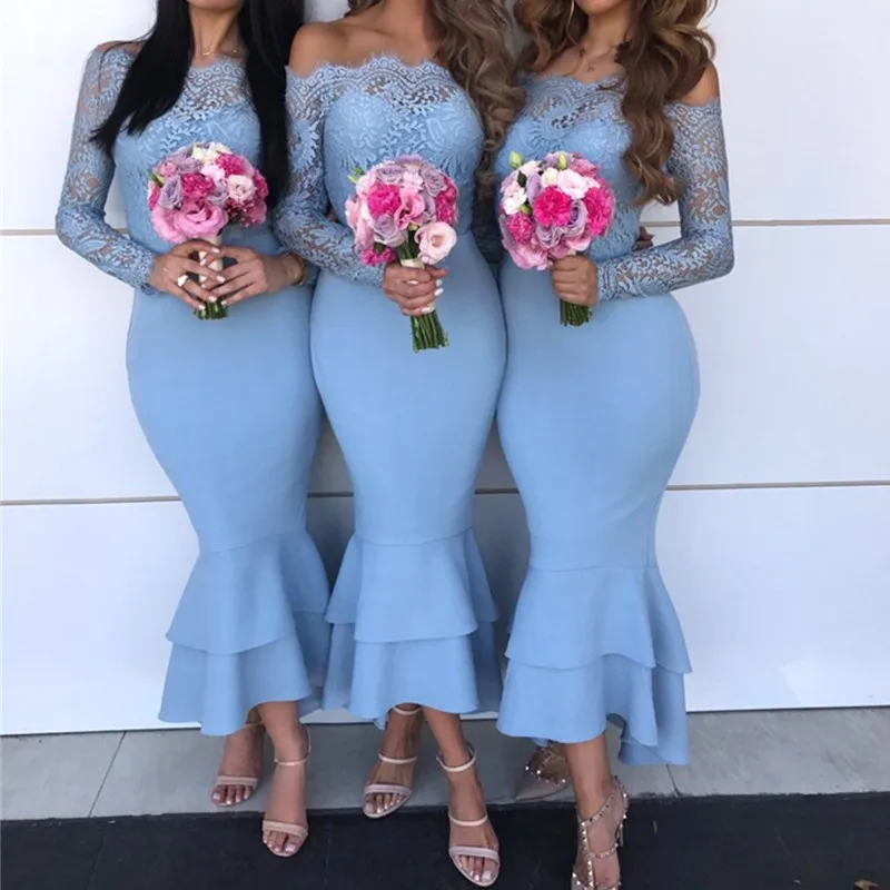 

Sexy Boat Neck Lace Mermaid Wedding Bridesmaid Dress Elegant Off the Shoulder Long Sleeve Ruffles Dress for Wedding Party