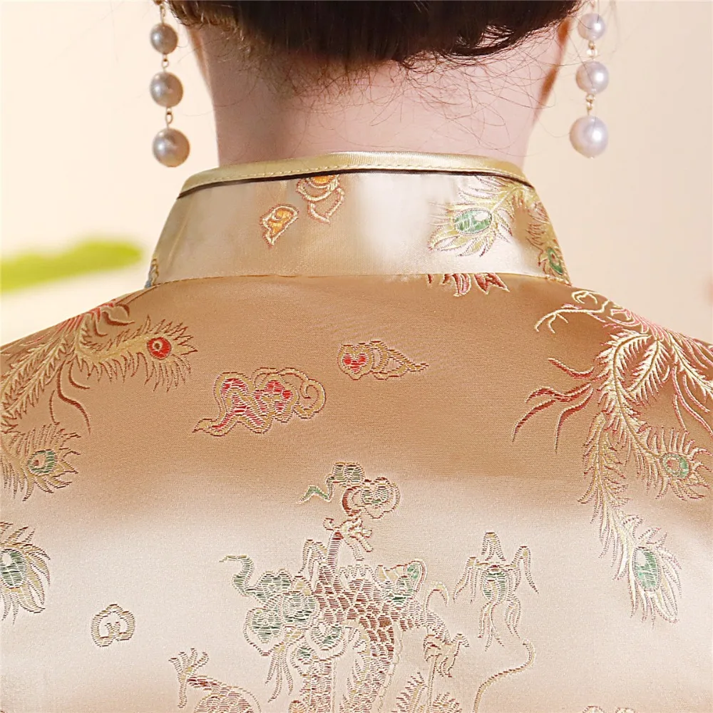 Шанхай история короткие Cheongsam Топ Традиционный китайский искусственный шелк/Атласный топ Дракон и Феникс Вышивка Блузка Топ Qipao рубашка