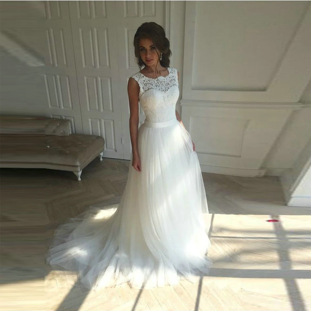 Free-Shipping-robe-de-mariage-2018-Lace-O-Neck-Sheer-Tulle-Boho-Beach-Wedding-Dresses-Summer