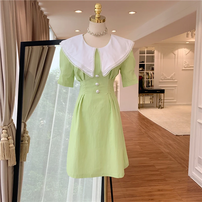 

HIGH STREET New Fashion 2019 Designer Runway Dress Women's Short Sleeve Color Block Peter Pan Collar