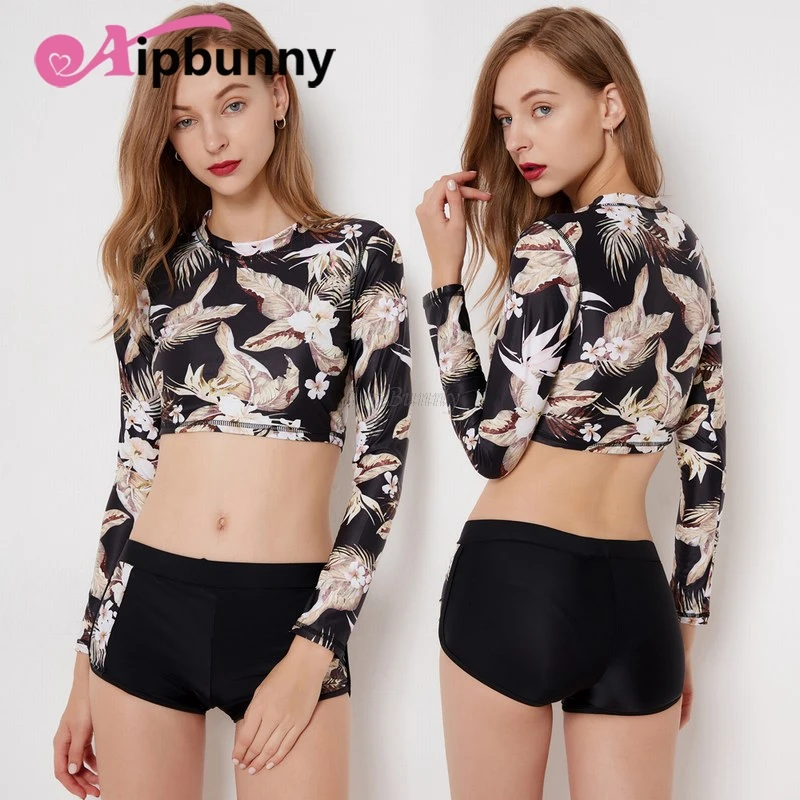 

Long Sleeves Printed Girl's Swimwear Short top Rush Gurads with Boyshorts Open Belt Bikini Set Women's Sexy