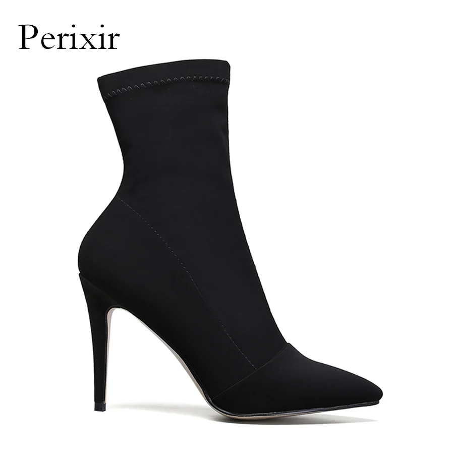 

Perixir shoes for women ankle boots Lycra pointed toe zipper fashion thin high heels boots black green beige 35-42