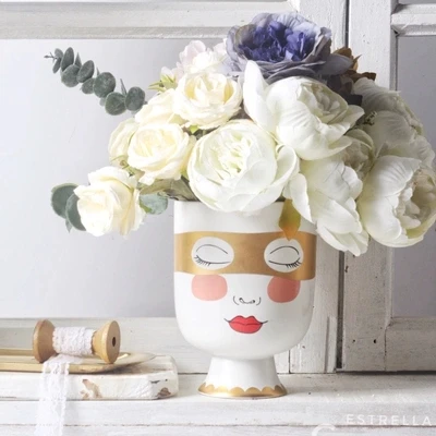 

Little Girl Head Matte Table Flower Vase Woman Face Golden Eye Mask Flower Arrangement Big Mouth Desk Pot Home Decorative Bottle