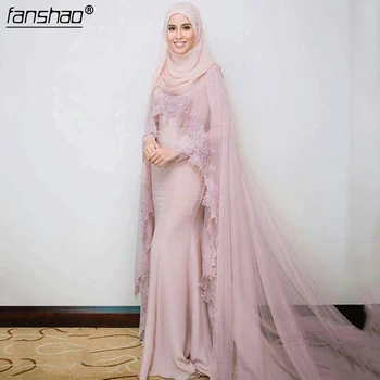 

Pink Muslim Evening Dresses Mermaid Long Sleeves Appliques Lace Scarf Islamic Dubai Kaftan Saudi Arabic Long Evening Gown