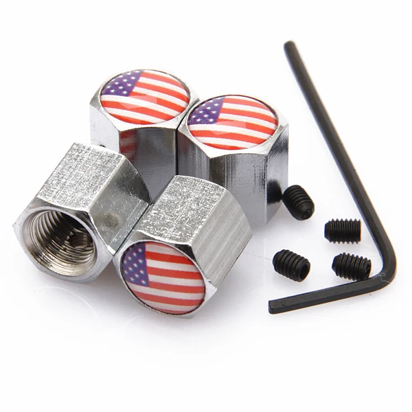 4Pcs/Set USA US Flag Logo Anti theft Valve Caps Silver Wheel Tire Stem Air Caps Auto Styling For