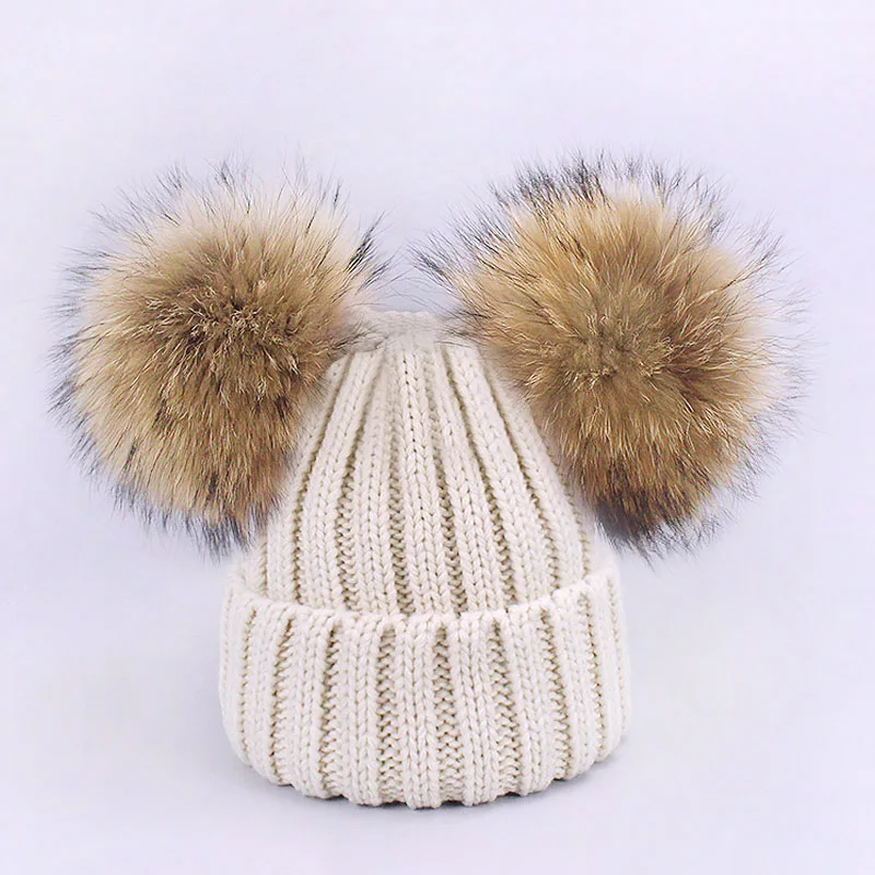 Children Pompon Beanie Hat Scarf Set Autumn Winter Outdoor Knitted Cotton Warm Real Raccoon Fur Pom-pom Caps Scarf 2 Piece Suit - Цвет: Hat Beige 2 balls