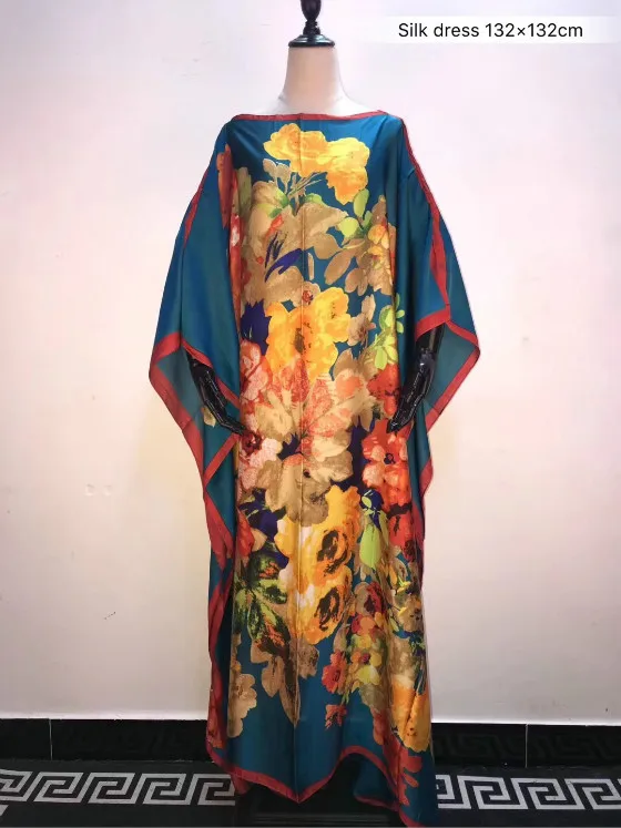 Модное Летнее шелковое платье для молодых девушек, пляжное платье, Европейское шелковое женское платье с цветочным принтом, размер 132x132, африканская одежда