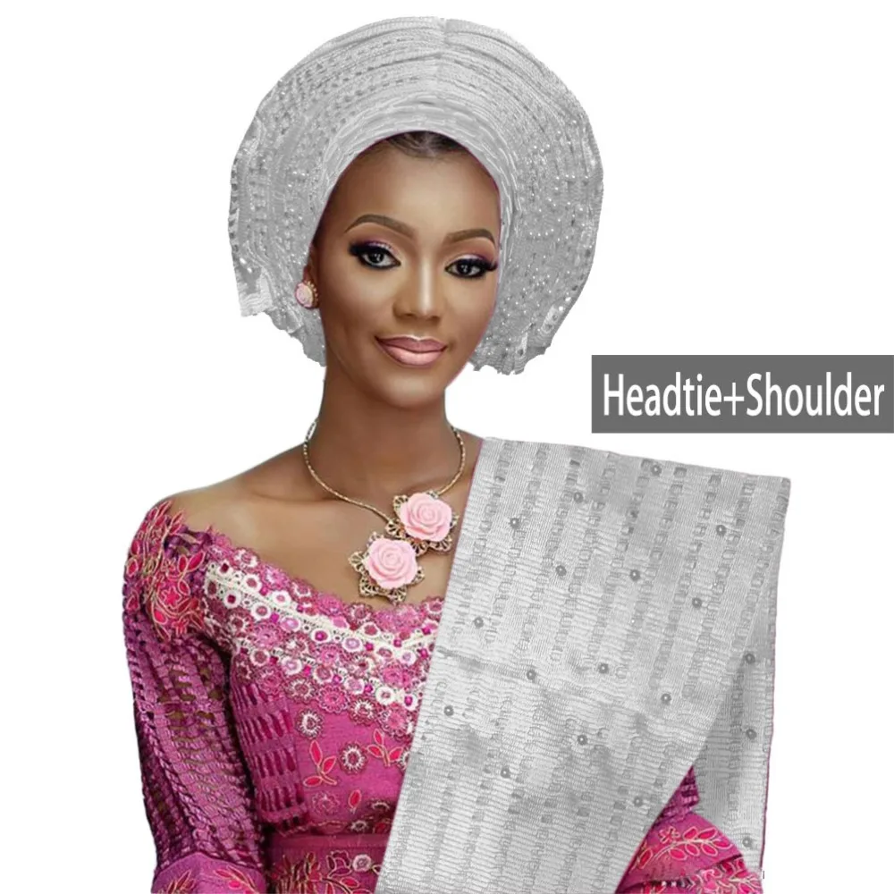 

Party auto gele headtie for women African aso oke headwear beaded gele with shoulder various colors