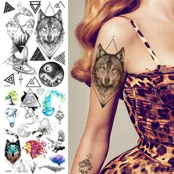 Юрский волк геометрический Черный Большой треугольник на заказ татуировки Временные женские руки грудь искусство Татуировка пик Луна