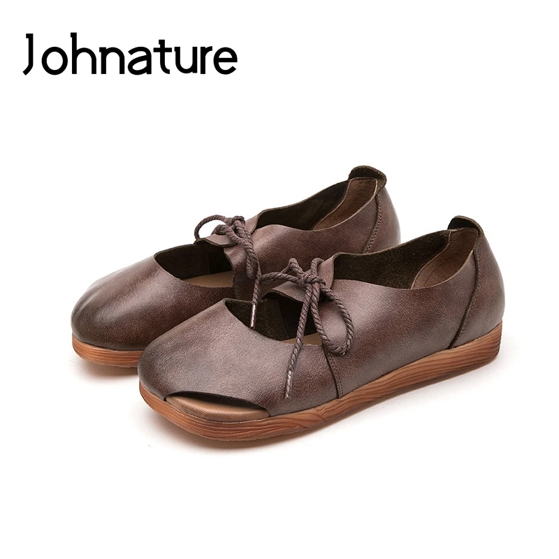 

Johnature 2019 New Spring/autumn Round Toe Lace-up Shallow Genuine Leather Retro Casual Low Heel Women Shoes Platform Pumps