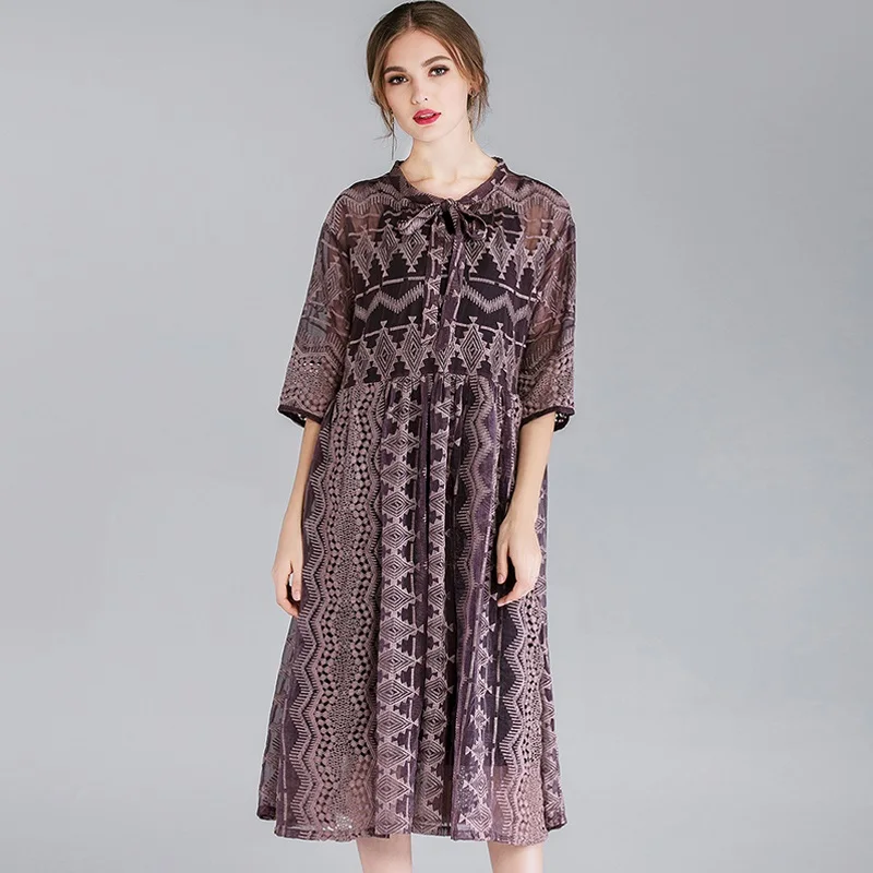 

2019 women spring fashion dresses plus size bow collar hollow lace embroidery silk pleated loose long two pieces dress